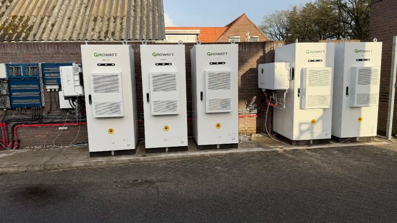 Outdoor Growatt WIT and AXE commercial battery storage project with multiple battery cabinets
